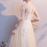 Champagne tulle lace short A line prom dress - Thumbnail 5