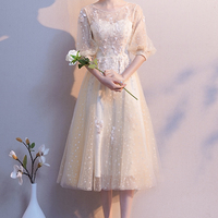 Champagne tulle lace short A line prom dress - Thumbnail 7