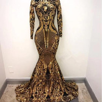 Gold And Black Long Sleeves Mermaid Black Girl Prom Dresses 2020 Elegant High Neck African Formal Evening Gowns Graduation Dress,,345 - Thumbnail 2