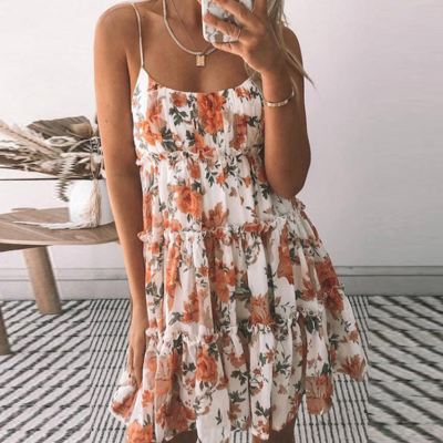 Women's sling printed sweet sleepless dress