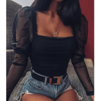 Long Sleeve Puff Sleeve Tight Shirt Top - Thumbnail 1