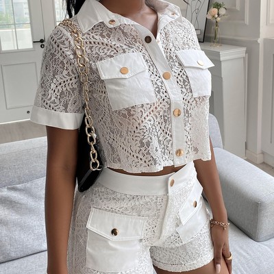 Fashion lace embroidered high waist two-piece suit - Thumbnail 1