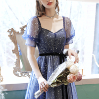 Blue tulle long A line prom dress blue evening dress - Thumbnail 1