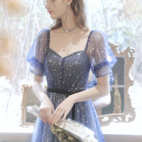 Blue tulle long A line prom dress blue evening dress - Thumbnail 2