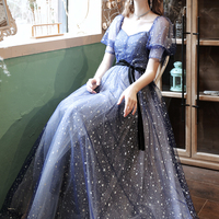 Blue tulle long A line prom dress blue evening dress - Thumbnail 4