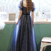 Blue tulle long A line prom dress blue evening dress - Thumbnail 5