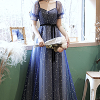 Blue tulle long A line prom dress blue evening dress - Thumbnail 7