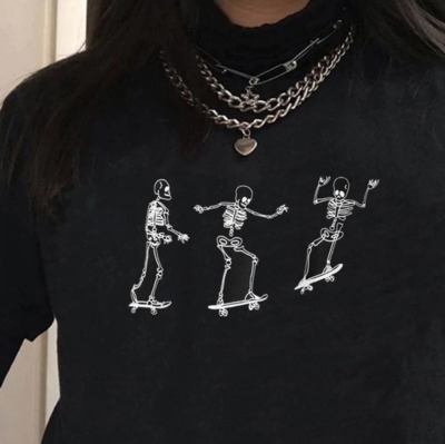 Free Shipping-SKATEBOARDING SKELETON TEE