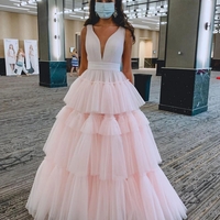 Princess V Neck Light Pink Tulle Long Prom Evening Dresses,Sweet 16 Party Gown - Thumbnail 1