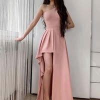 Simple Sheath One Shoulder Pink Long Prom Evening Dresses with Slit - Thumbnail 1