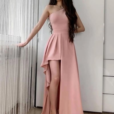 Simple sheath one shoulder pink long prom evening dresses with slit - Thumbnail 1