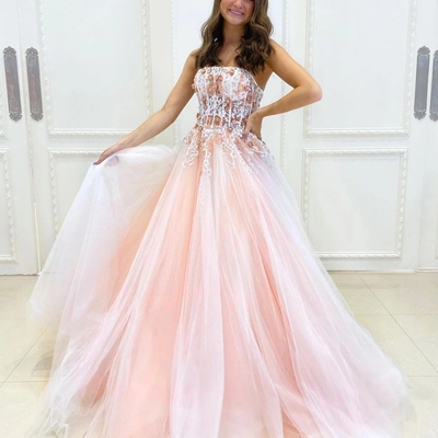 Stylish a-line pink tulle long prom evening dresses with lace appliques - Thumbnail 4