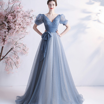 Blue tulle long a line prom dress blue evening dress - Thumbnail 2