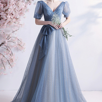 Blue tulle long A line prom dress blue evening dress - Thumbnail 1