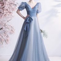 Blue tulle long A line prom dress blue evening dress - Thumbnail 2