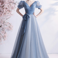 Blue tulle long A line prom dress blue evening dress - Thumbnail 3