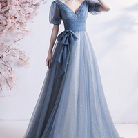 Blue tulle long A line prom dress blue evening dress - Thumbnail 4