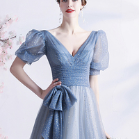 Blue tulle long A line prom dress blue evening dress - Thumbnail 5