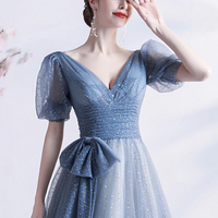 Blue tulle long A line prom dress blue evening dress - Thumbnail 6