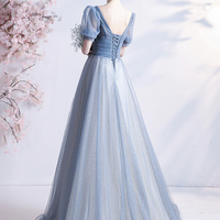 Blue tulle long A line prom dress blue evening dress - Thumbnail 7