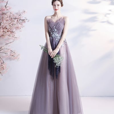 Purple tulle long a line prom dress evening dress - Thumbnail 2