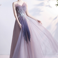 Purple tulle long A line prom dress evening dress - Thumbnail 1