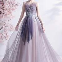 Purple tulle long A line prom dress evening dress - Thumbnail 2