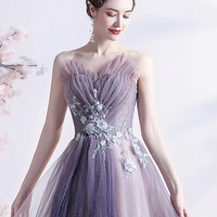Purple tulle long A line prom dress evening dress - Thumbnail 3