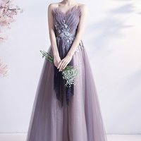 Purple tulle long A line prom dress evening dress - Thumbnail 8