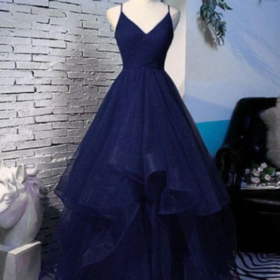 Charming spaghetti strps tulle navy blue prom dress  - Thumbnail 4