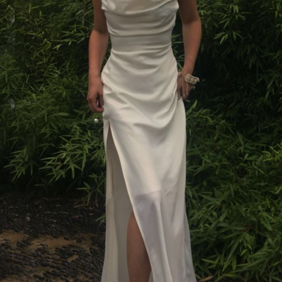 Spaghetti straps ivory satin evening dresses, split prom dresses - Thumbnail 4