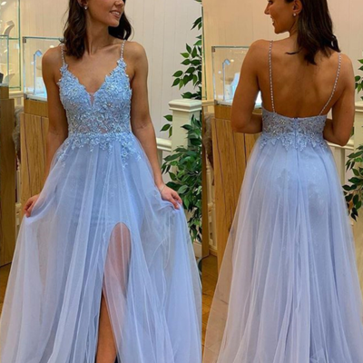 Beauty a-line light blue tulle prom dress - Thumbnail 4