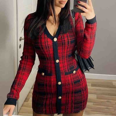 Sweet v-neck red plaid long-sleeved cardigan tight dress - Thumbnail 4