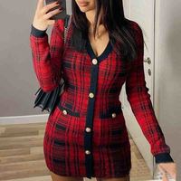 Sweet V-Neck Red Plaid Long-Sleeved Cardigan Tight Dress - Thumbnail 1