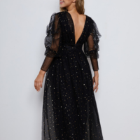 Long Sleeve V-Neck Temperament Slim Pure Color Puff Sleeve Mesh Dress - Thumbnail 2