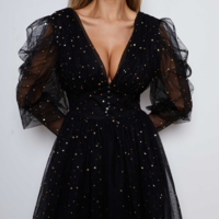 Long Sleeve V-Neck Temperament Slim Pure Color Puff Sleeve Mesh Dress - Thumbnail 3