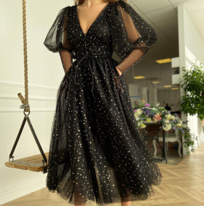 Long Sleeve V-Neck Temperament Slim Pure Color Puff Sleeve Mesh Dress