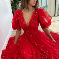 V-Neck Women'S Solid Color Short Sleeve High Waist Dress - Thumbnail 1