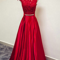 A Line Sleeveless Satin Lace Sashes Dark Red Floor Length O Neckline Long Prom Dress,520 - Thumbnail 1