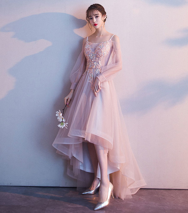 Pink tulle high low prom dress, pink tulle evening dress,521