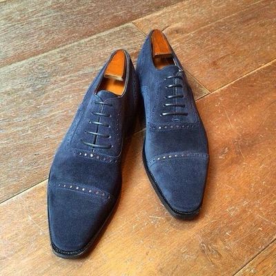 Mens Navy Blue Oxfords Cap Toe Shoes For Sale Handmade Edition