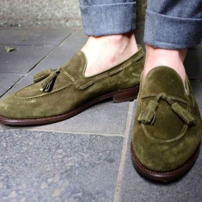 Classic olive tassels loafers handmade leather suede wedding shoes,men's party wear shoes