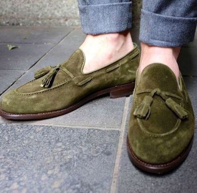 Classic Olive Tassels Loafers Handmade Leather Suede Wedding Shoes,Men's Party Wear Shoes