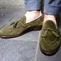Classic Olive Tassels Loafers Handmade Leather Suede Wedding Shoes,Men's Party Wear Shoes - Thumbnail 1