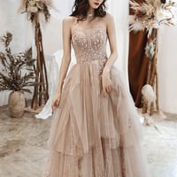 Cute tulle sequins long A line prom dress evening dress - Thumbnail 2