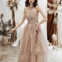 Cute tulle sequins long A line prom dress evening dress - Thumbnail 3