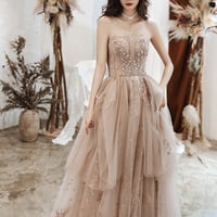 Cute tulle sequins long A line prom dress evening dress - Thumbnail 6