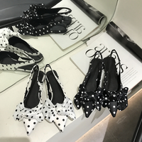 Pointed wave point bow flat sandals and round point half sandals-Black S-422 - Thumbnail 4