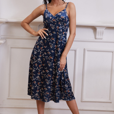 Temperament sling floral high waist dress