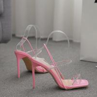 Popular chain Rhinestone strap simple thin heel super high heel sexy sandals-White S-445 - Thumbnail 1